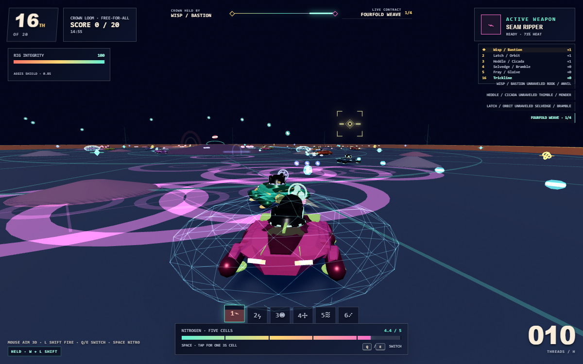 Ravel Pit in play. Take the crown in seven minutes by switching six weapons faster than nineteen rival rigs.